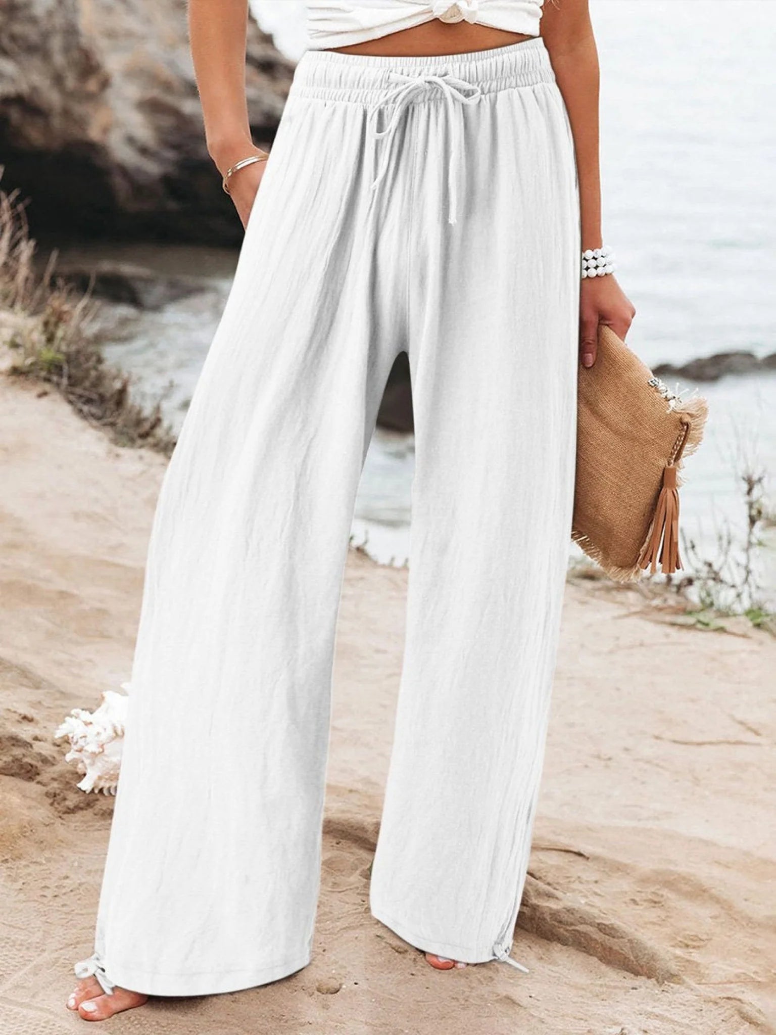 Women'S Linen Wide Leg Trousers High Waisted Drawstring Pants