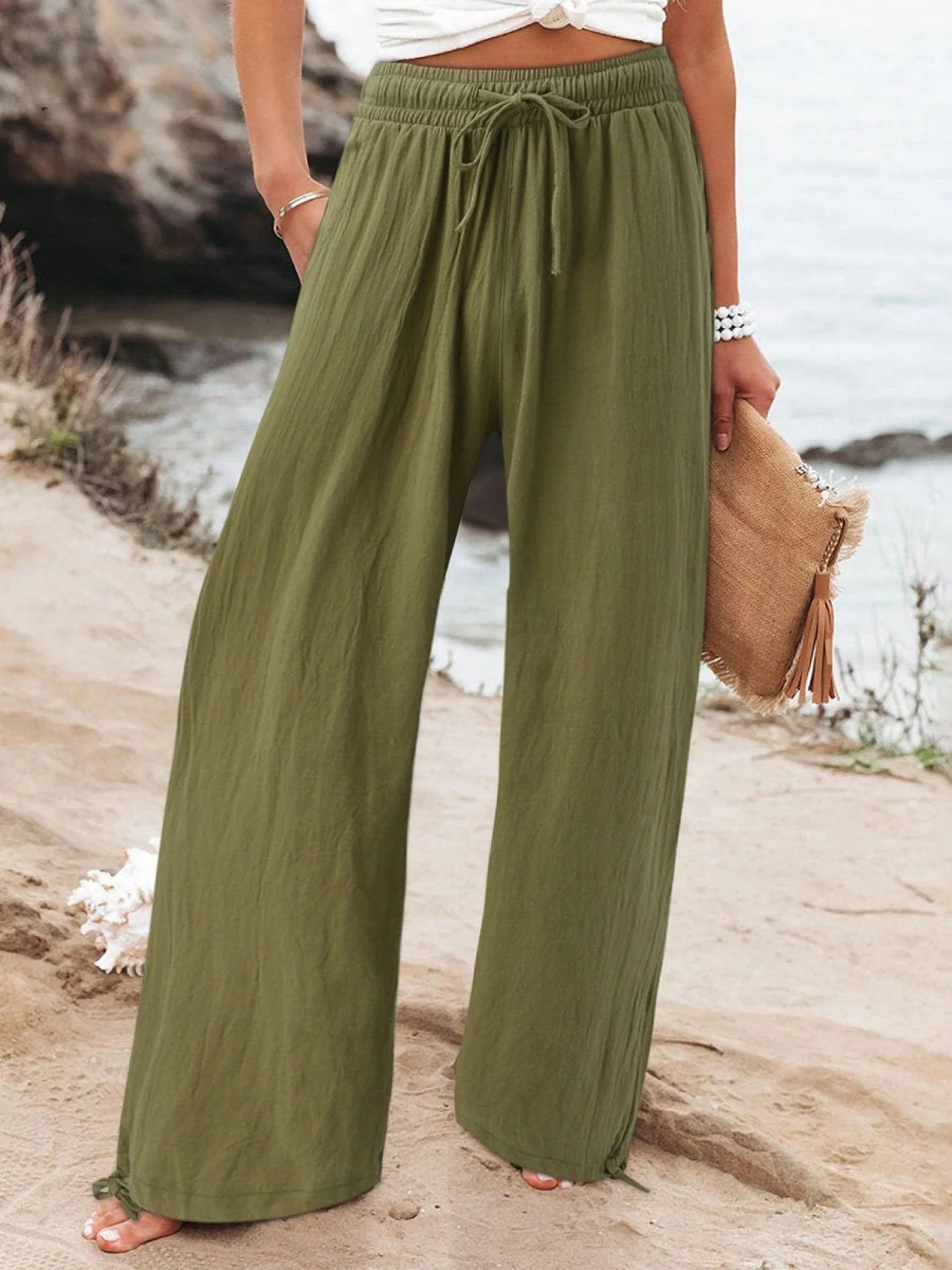 Women'S Linen Wide Leg Trousers High Waisted Drawstring Pants