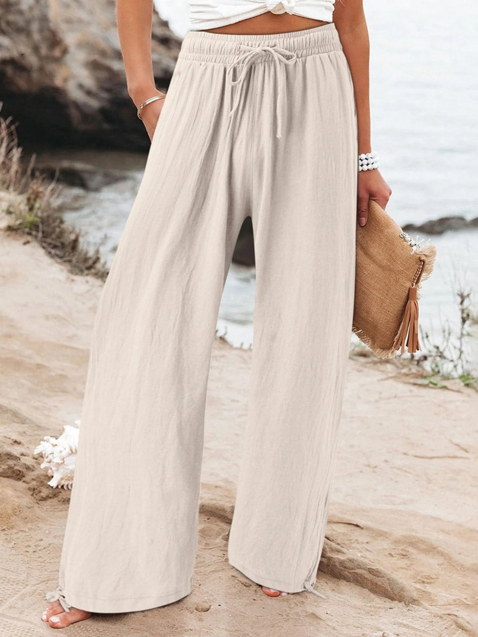 Women'S Linen Wide Leg Trousers High Waisted Drawstring Pants