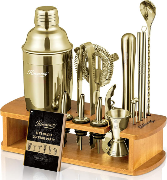 Cocktail Shaker Set Bartender Kit with Stand | Bar Set Drink Mixer Set with All Essential Accessory Tools: Martini Shaker, Jigger, Strainer, Mixer Spoon, Muddler |Champagne Gold