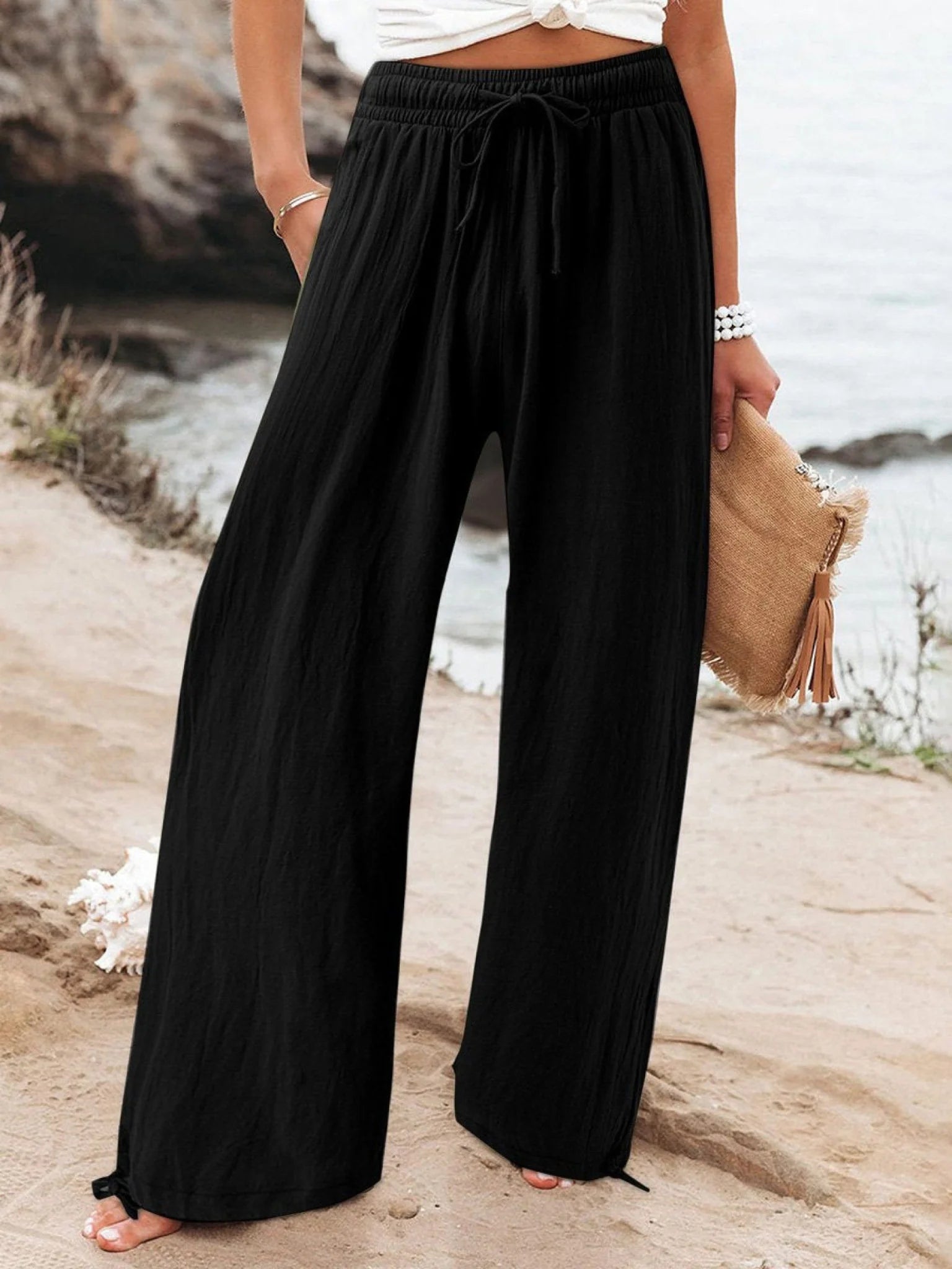 Women'S Linen Wide Leg Trousers High Waisted Drawstring Pants