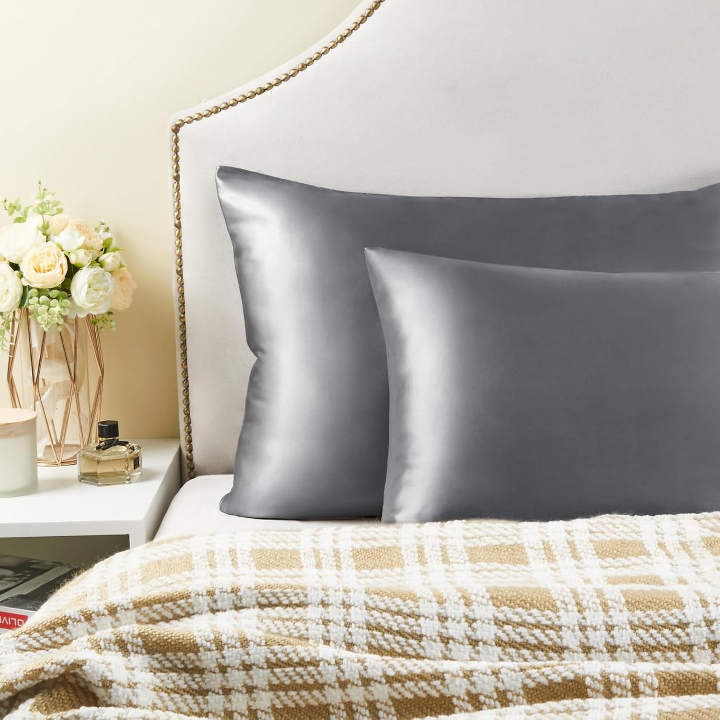 Satin Pillowcase for Hair and Skin, Super Soft and Cooling Similar to Silk Pillow Cases 2 Pack with Envelope Closure, Gift for Women Men(20"X30" Queen Size, Dark Grey)