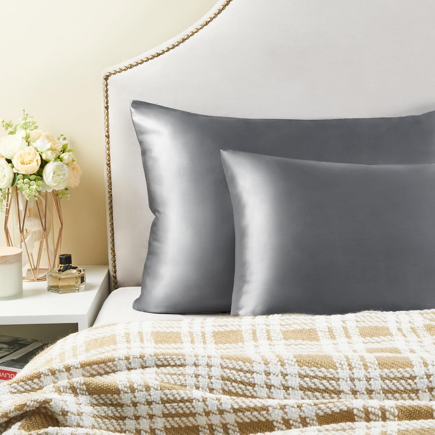 Satin Pillowcase for Hair and Skin, Super Soft and Cooling Similar to Silk Pillow Cases 2 Pack with Envelope Closure, Gift for Women Men(20"X30" Queen Size, Dark Grey)