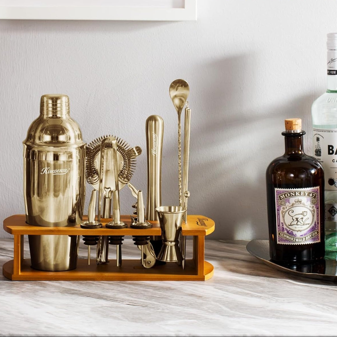 Cocktail Shaker Set Bartender Kit with Stand | Bar Set Drink Mixer Set with All Essential Accessory Tools: Martini Shaker, Jigger, Strainer, Mixer Spoon, Muddler |Champagne Gold