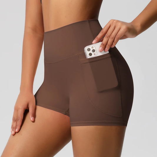 Women Sports Short with Pocketedyoga Legging Shorts Squat Proof High Waist Fitness Tight Shorts Quick Drying Cycling Workout Gym