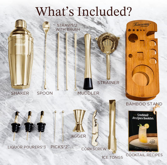 Cocktail Shaker Set Bartender Kit with Stand | Bar Set Drink Mixer Set with All Essential Accessory Tools: Martini Shaker, Jigger, Strainer, Mixer Spoon, Muddler |Champagne Gold